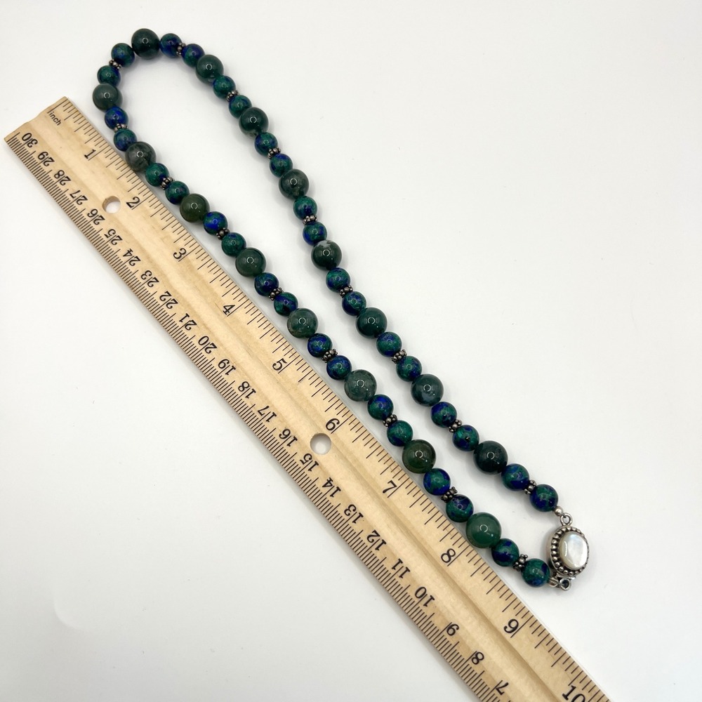 VTG 925 Sterling Azurite Malachite Moss Agate Mother of Pearl Beaded Necklace - Picture 10 of 13